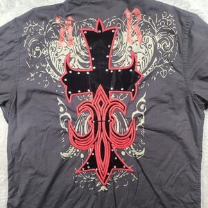 Roar Shirt Mens 2XL Gray Cross Embroidered Y2K Affliction Rockabilly Western